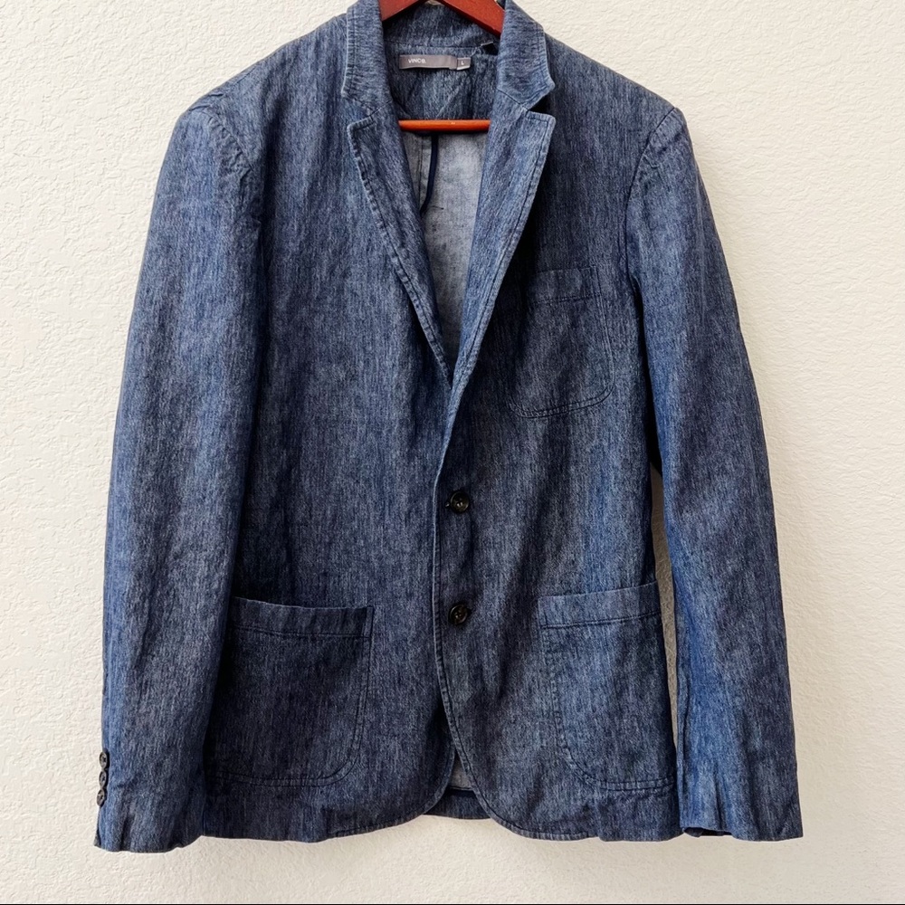 Vince. Dark Denim Blazer, 3-Front Pocket, 2 Brown Buttons, Size Large
